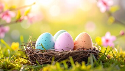Fototapeta premium Easter eggs in a nest on a soft pastel-colored background with blurred meadow