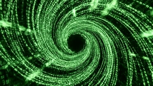 Vibrant green digital swirl pattern background.