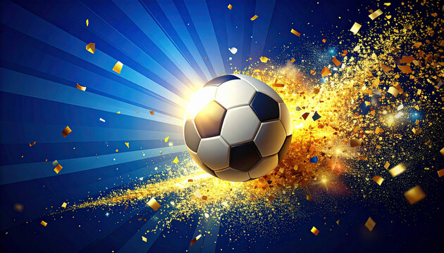 金色の爆発エフェクトとサッカーボールのダイナミックスポーツバナー