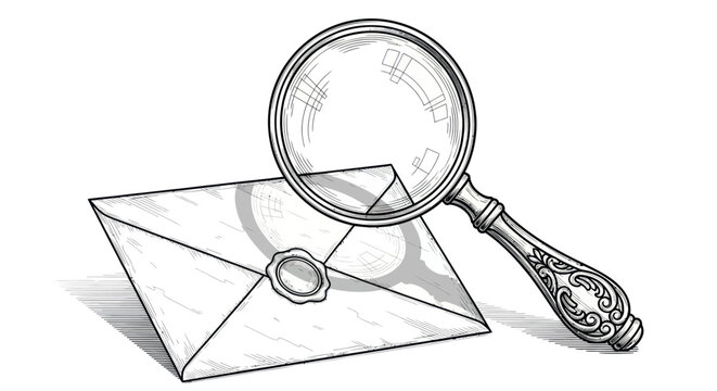 Magnifying glass over sealed envelope, investigation, discovery, secret message, vintage illustration