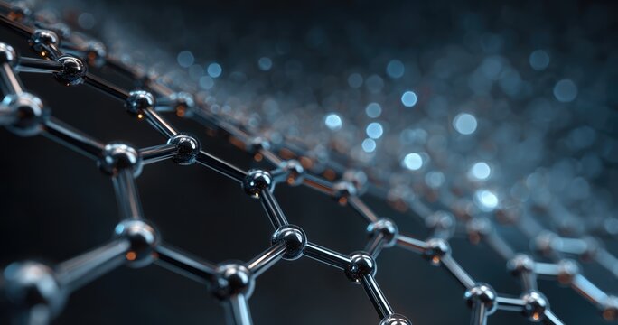 Close-up 3D rendering of a graphene molecular structure with glowing particles.