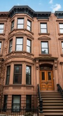 Obraz premium Historic Brownstone Building Facade with Ornate Details and Wooden Door.