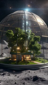 Lush Green Tree in a Lunar Glass Dome Generative AI