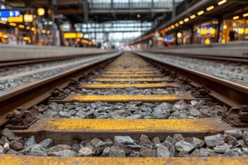 Fototapeta premium Close-up View of Train Tracks Leading into a Busy Station.