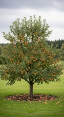 Fototapeta premium Lush Apple Tree Laden with Ripe Fruit in a Verdant Orchard Landscape.