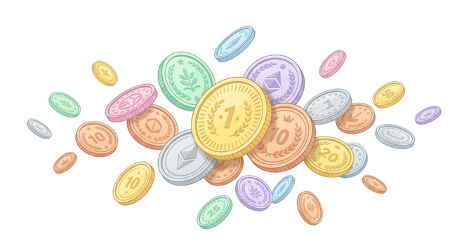 Floating Pastel Coins Collection, Group of 3D Isometric Web Icons, Flying Currencies isolated on White Background.

