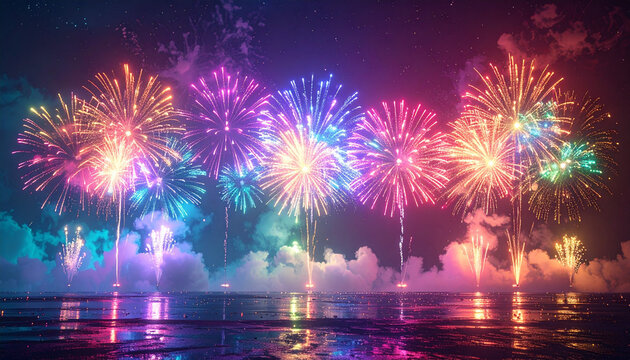 水面に反射する多色花火が夜空を彩る絢爛な海辺の光景