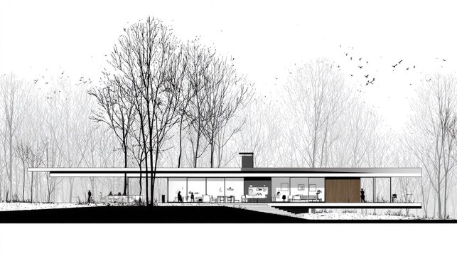 Architectural elevation drawing illustrates a modern, single story residence nestled within a dense, bare forest environment