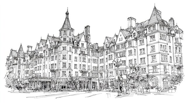 Ornate historic hotel building fa?ade depicted in detailed black and white architectural sketch
