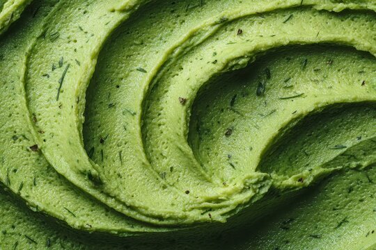 Close Up Swirls of Creamy Green Food Spread with Visible Herbs and Texture