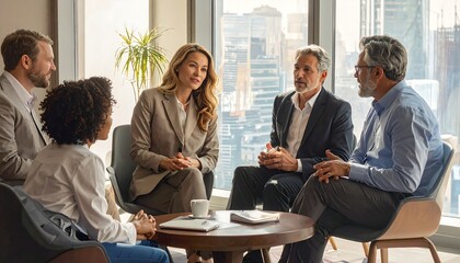 Obraz premium Diverse group in suits seated in circle, sharing ideas in a bright, modern office with city views