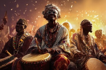 Vibrant cultural celebration with musicians playing traditional drums, capturing the essence of joyous community spirit.