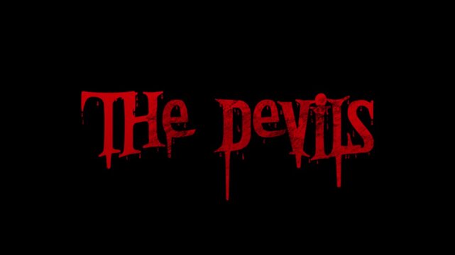 The devils word displayed in a bloody dripping font against a dark background