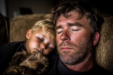 A tender moment of father and son peacefully napping with their dog, capturing warmth and family bonds.