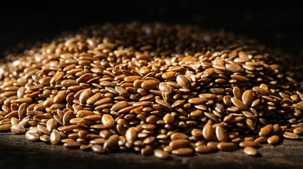 Obraz premium Close up of a pile of flax seeds on a dark background.