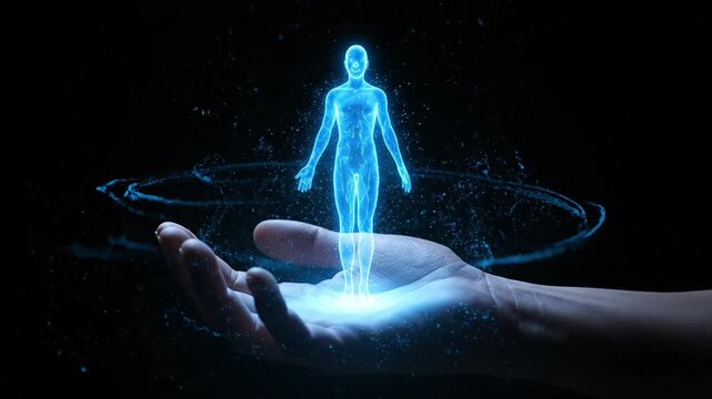 Futuristic hologram of human form glowing in dark, held within a hand with swirling particles