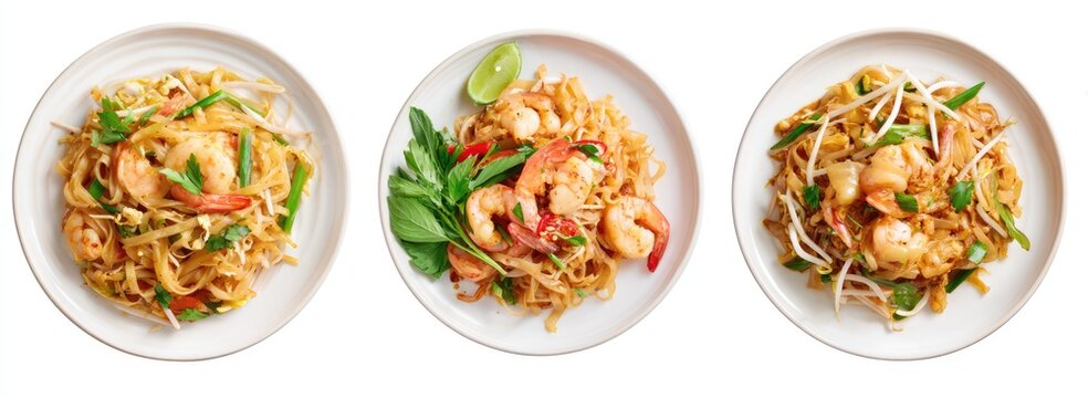 Three plates of delicious Pad Thai with shrimp and fresh lime garnish, presented from a top-down perspective.