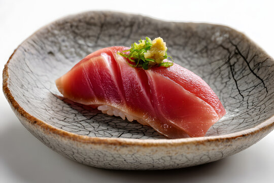 Premium Chutoro Medium Fatty Tuna Nigiri on Artistic Plate with Garnish and Wasabi