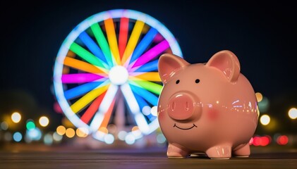 Obraz premium Piggy Bank's Colorful Evening: A charming piggy bank is set against the backdrop of a vibrant, illuminated Ferris wheel at night, symbolizing the enjoyment of savings.
