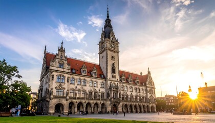 Obraz premium Elaborate historic building with tower and red roof tiles against a clear sky with sunburst