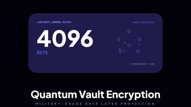 Cyber Security Encryption Interface with 4096 Bits Display and Digital Neural Network Data Visualization on Dark Background for Technology and Cloud Storage Security Concepts