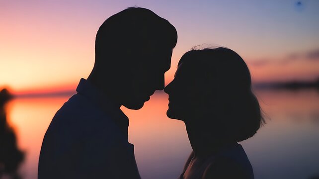 Romantic couple silhouettes almost touching noses during a beautiful vibrant sunset