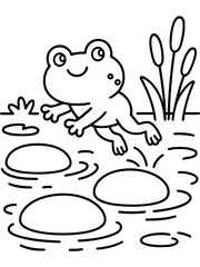 Fototapeta premium Jumping Frog in Pond: A cheerful frog leaps across lily pads in a serene pond, its joyful expression and simple surroundings creating a whimsical feel.