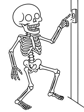 Skeleton at the Door: An artistic monochrome illustration shows a skeletal figure reaching to ring a doorbell, a whimsical depiction of an unexpected visitor.