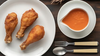 Three golden fried chicken drumsticks served on a white plate with creamy orange sauce