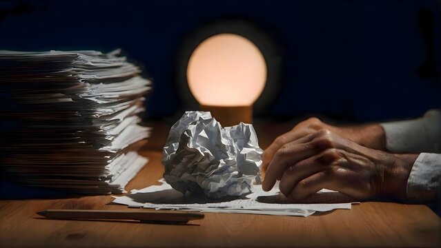 defeated worker with tired hands resting on a desk covered with a mountain of paperwork and a large crumpled paper ball and a warm desk lamp