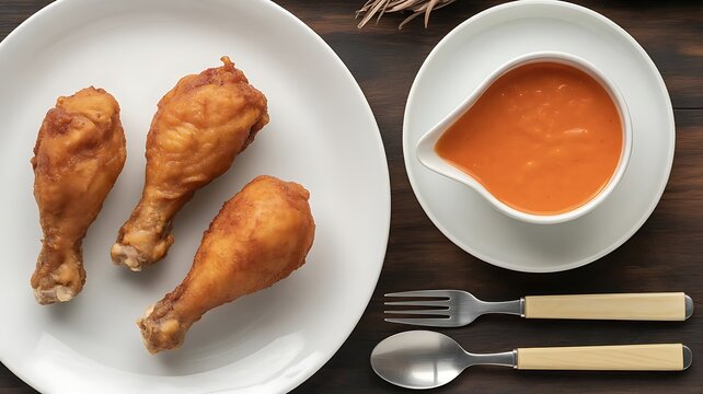 Three golden fried chicken drumsticks served on a white plate with creamy orange sauce