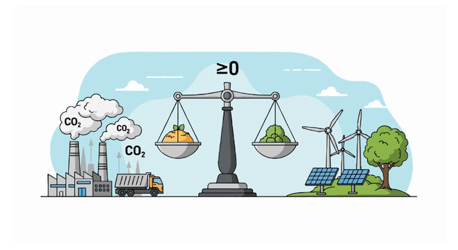 A balance scale stands between an industrial factory emitting carbon dioxide and a green landscape featuring wind turbines and solar panels.