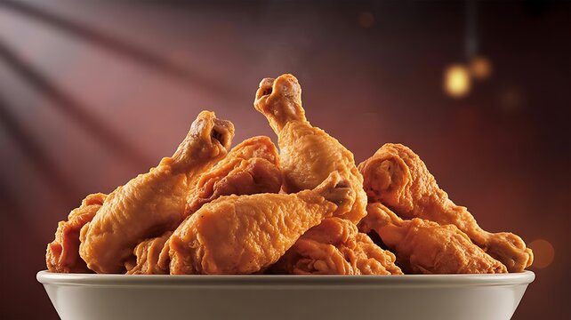 Warm golden fried chicken pieces stacked high in a white bowl under soft restaurant lighting