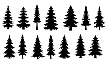 Obraz premium Stylized pine and spruce tree silhouettes with varied evergreen shapes in modern vector design