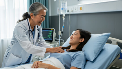 Fototapeta premium Caring Doctor: A compassionate doctor providing care and comfort to a patient lying in a hospital bed, emphasizing empathy and reassurance in a healthcare setting.