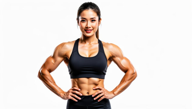 Strength and Confidence: A strong, muscular woman embodies the pinnacle of fitness and determination. Her confident stance and physique showcases dedication and hard work, inspiring viewers