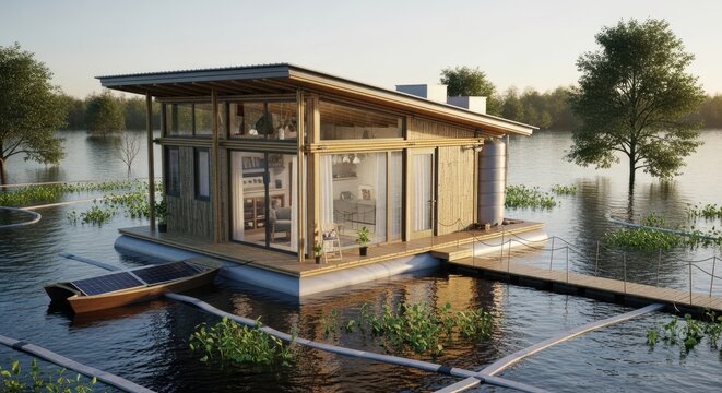 Modern Floating Houseboat on Water with Large Windows