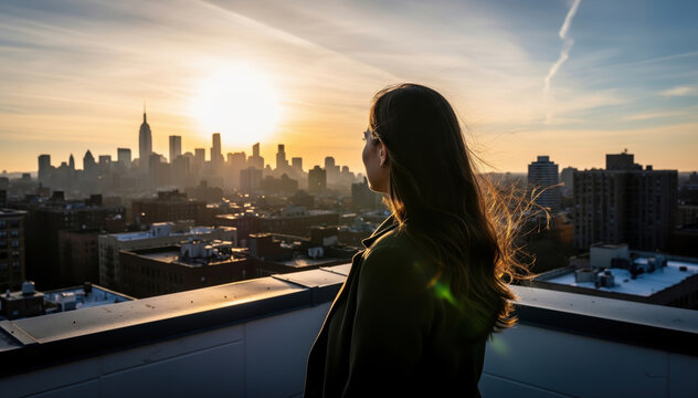 Skyline Dreamer: A solitary figure, bathed in the golden light of the setting sun, gazes upon the iconic city skyline. The moment is one of contemplation and aspiration.