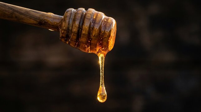 Close-up of golden honey dripping from a wooden dipper against a dark background.