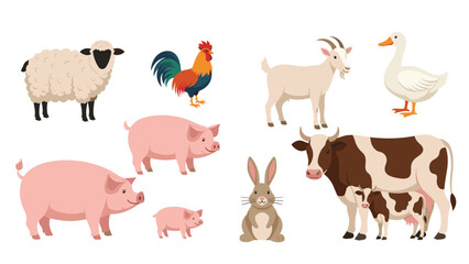 Fototapeta premium Collection of various farm animals including pigs, sheep, rooster, goat, goose, rabbit, and a cow with her calf.