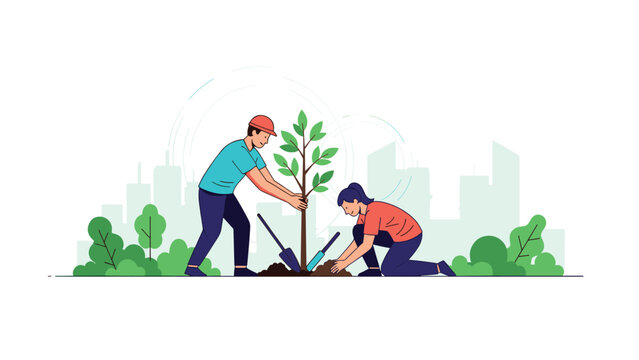 Volunteers planting a young tree together in an urban park environment to improve the city landscape and local air quality.