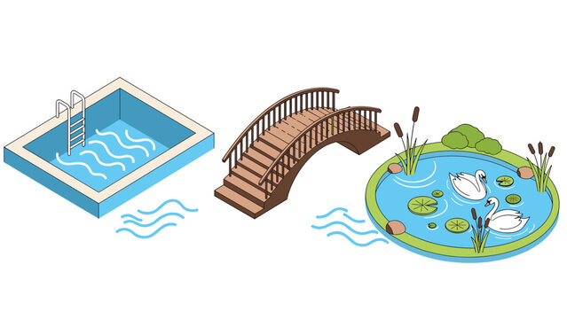Landscape design elements featuring a swimming pool, a wooden garden bridge, and a peaceful pond with graceful white swans.