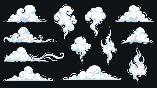 Set of stylized pixel art clouds and smoke plumes of various shapes and sizes isolated on a dark background for game design.