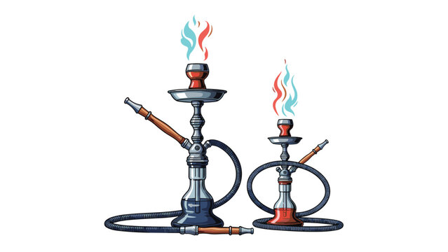 Two traditional hookahs of different sizes with colored smoke rising from the bowls against a plain white background for lounge concept.