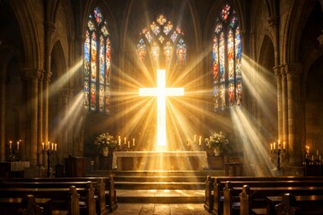 Fototapeta premium Glowing Cross in Stained Glass Cathedral Interior with Golden Divine Light