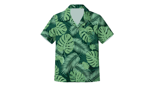 Men tropical hawaiian shirt with a vibrant green monstera and palm leaf print pattern isolated on a white background for summer theme.