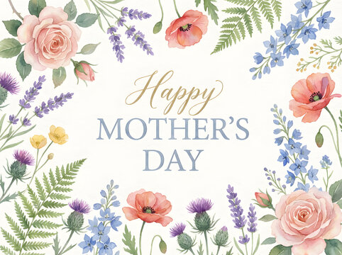 Elegant watercolor happy mothers day floral frame with pastel flowers