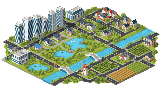 Large isometric city map illustration featuring skyscrapers residential houses rivers parks farms and a windmill for urban planning concepts.