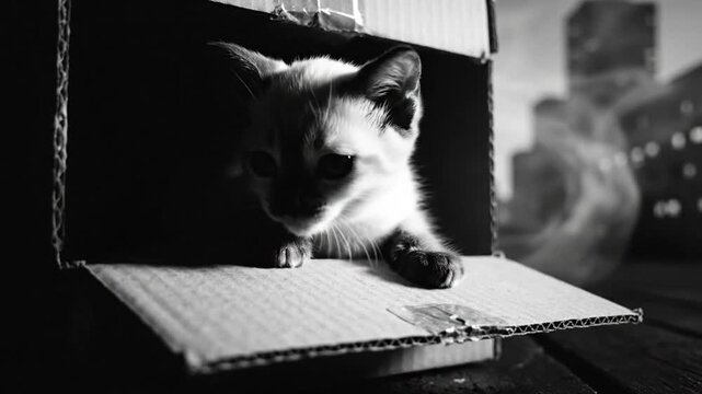 Black and white portrait of a curious kitten looking out from inside of a cardboard box