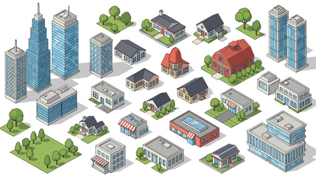 Isometric city buildings collection featuring modern skyscrapers residential houses industrial warehouses and green park areas.